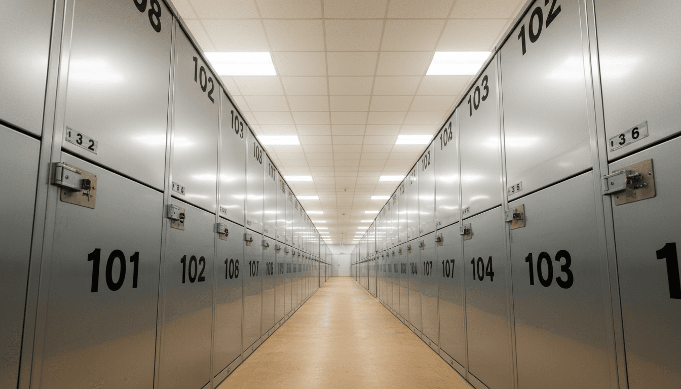 Clean, organized storage facility with rows of secure storage units and clear access aisles